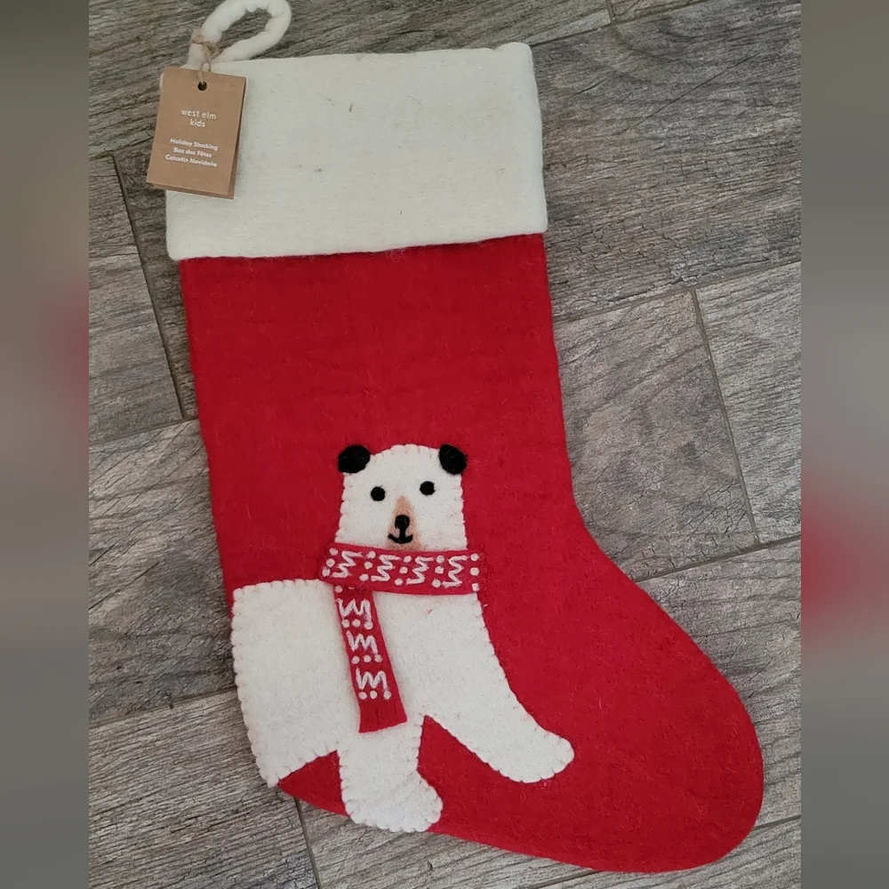 Handcrafted 100% Felted Wool POLAR BEAR Christmas Stockings Nepal West Elm Red